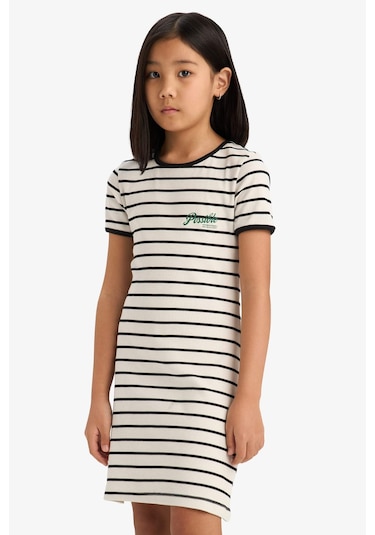 DeFacto Kız Çocuk Bisiklet Yaka Fitilli Kaşkorse Kısa Kollu Çizgili Yazlık Elbise E3830A825SMBK81