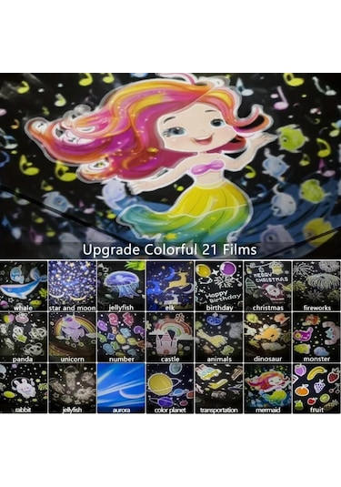 21 Farklı Desen Projektörlü Yansıtmalı Dönen Çocuk Bebek Odası Gece Lambası Çok Renkli