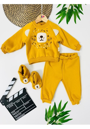 Alpbebe Şirin Bear Surat Panduflu Kışlık 2 Parça Takım Sari