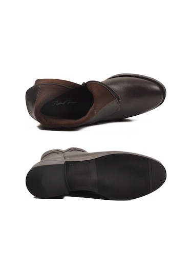 Kahve Hakiki Deri İçi Polarlı Kaymaz Kadın Bot 21893-1 Z Kahve