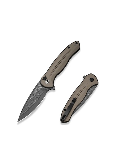 Civivi Button Lock Kitefin Brownish Gray Aluminum Handle Damascus Blade Kamp Çakı Gri