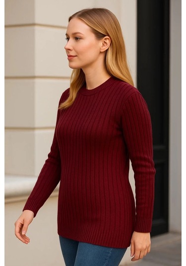 Kadın Bisiklet Yuvarlak Yaka Triko Kazak Pamuklu Kalın Fitilli Dokuma, Regular Fit Uzun Kollu Kışlık Bordo