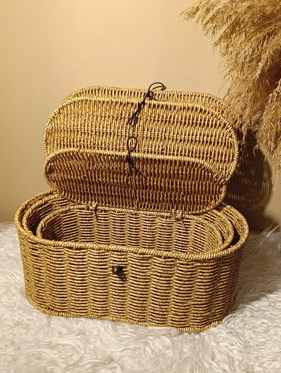 3'lü Rattan Oval Kapaklı Düğmeli Kutu / Organizer / Düzenleyici Diğer