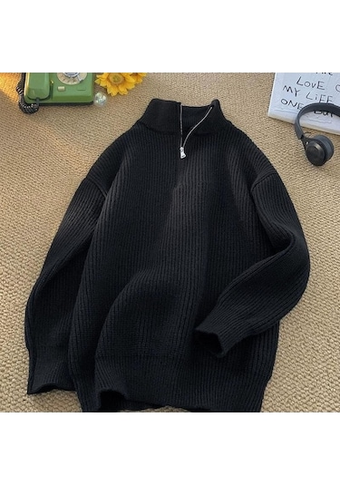 Novahub Kadın Erkek Y2k Balıkçı Yaka Kazak Örgü Tişörtü Ceket Fermuarlı Erkek Kore Kış Dış Kazaklar Erkek Bluz Siyah - M Siyah