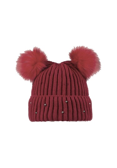 Suyutti 23420-01 Çift Pon Ponlu Taşlı Kadın Bere Kırmızı