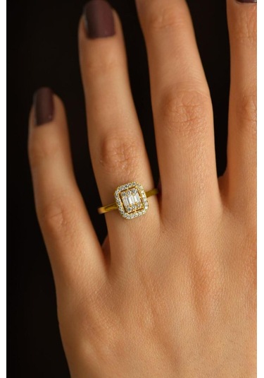 925 Ayar Zirkon Taşlı Gold 3 Sıra Ayarlanabilir Baget Gümüş Yüzük 10-20