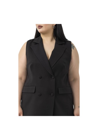 Büyük Beden Kaplama Düğmeli Yelek Pantolon Siyah İkili Takım Siyah