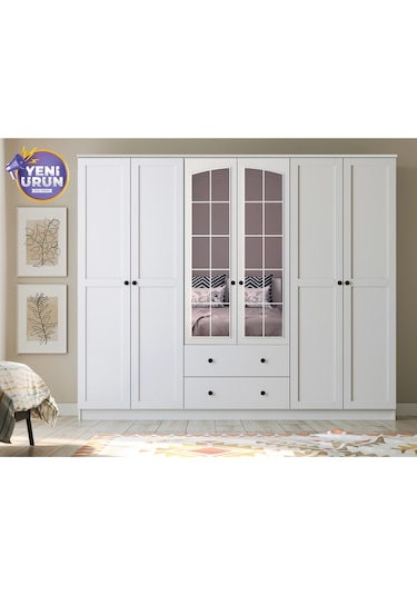 Side Rose 6 Kapak 2 Çekmece Aynalı Mega Gardırop Beyaz