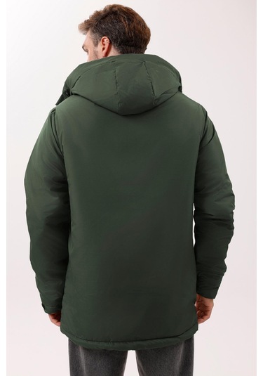 Erkek Polarlı Kürklü Su Ve Rüzgar Geçirmez Kapüşonlu Kışlık Mont & Kaban & Parka - Elyaflamalı Haki