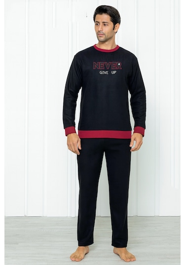 Falkom 7203 Yazılı Nakışlı Polar Kışlık Erkek Pijama Takımı Uyku Takımı Lacivert