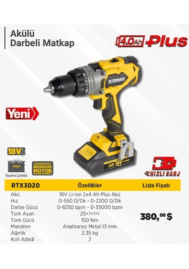 Rtrmax RTX3020 Akülü 150 NM 2 x 4 AH Plus Akü Darbeli Matkap