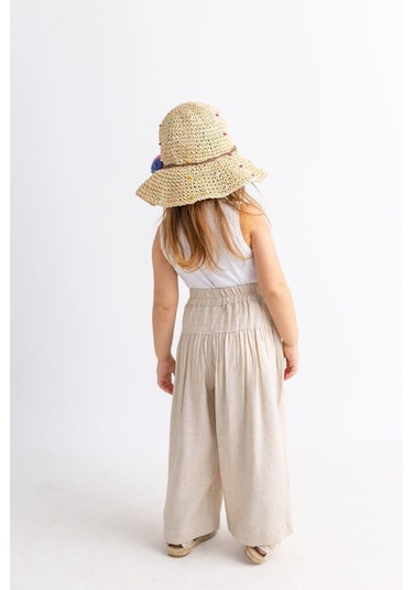 Oliventhekid Korsajlı Büzgülü Keten Kız Çocuk Pantolon Bej Bej