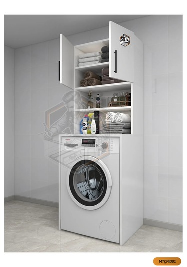 Tamamı Mdf Açık Raflı ve Kapaklı Çamaşır Makinesi Dolabı Beyaz