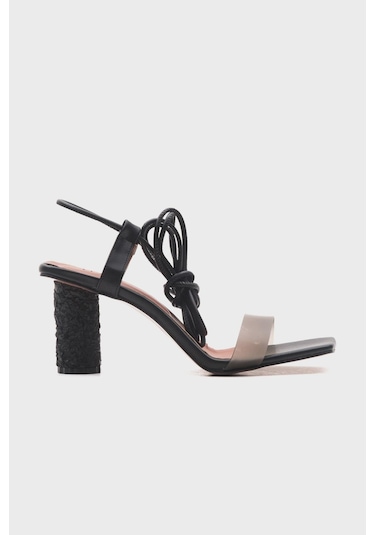 Tanya Siyah Cilt Şeffaf Bantlı Bağcıklı Kadın Topuklu Sandalet Siyah Deri