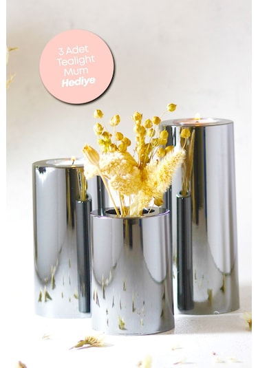 3 Lü Silver Krom Parlak Yüzey Mumluk Dekoratif Tealight Set Mum