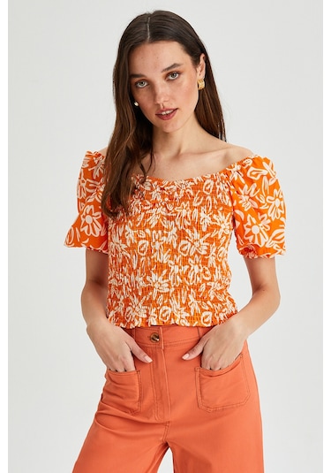 Kadın Çiçek Desenli Gipe Detay Balon Kol Crop Bluz Oranj