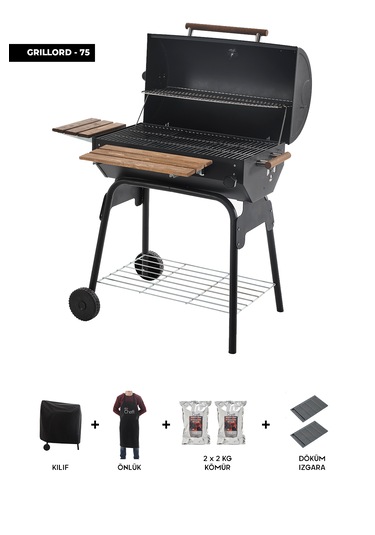 Grillord 75 Kömürlü Barbekü 2 Adet Döküm Izgaralı + Hediye Seti Önlük + Kılıf + 2 2 Kg Kömür Gümüş - Siyah