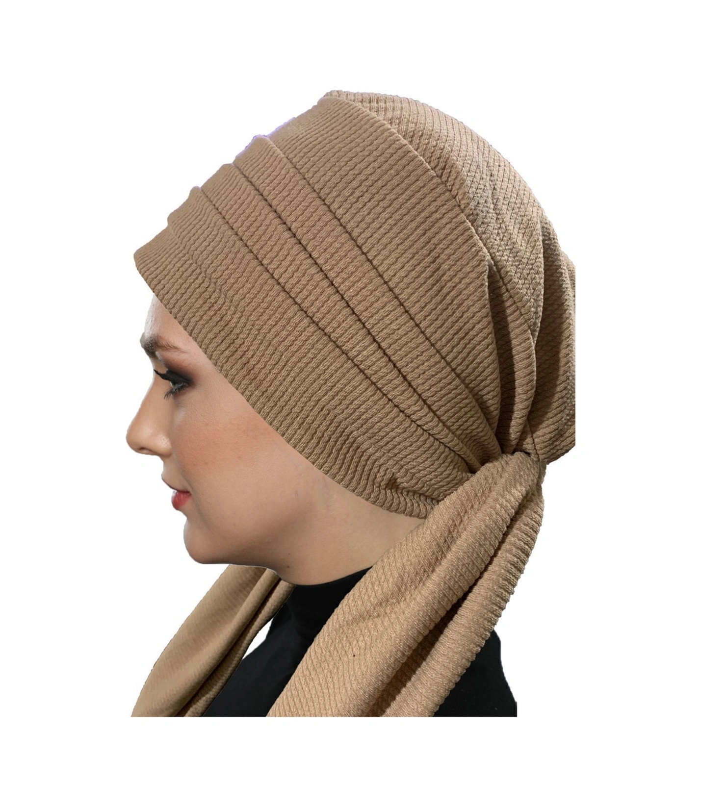 Fitilli Penye Bağlama Camel Hazır Türban Tesettür Bone Camel