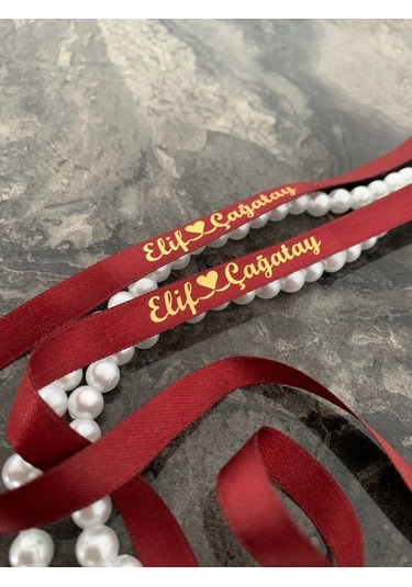 Dökülen İncili Isimli Yüzük Kurdelesi Söz Kurdelesi Bordo-gold