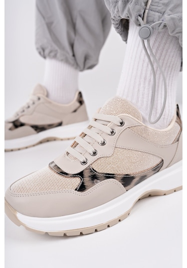 Muggo Melody Kadın Kalın Taban Günlük Leopar Desenli Bağcıklı Sneaker Spor Ayakkabı Ten