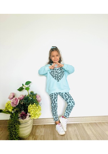 Kız Çocuk Çiçek - Leopar Detaylı 3 İplik Alt Üst Takım Sweatshirt + Tayt Mint