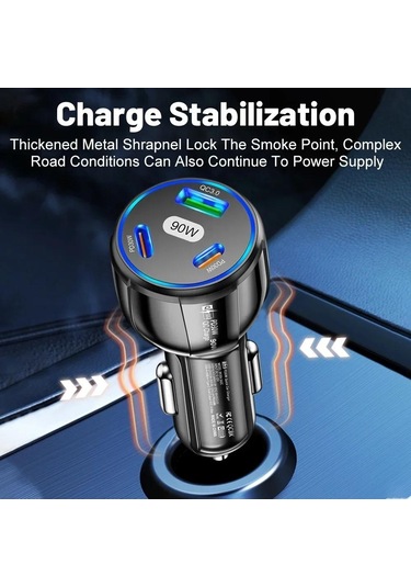 90w Araç Şarj Cihazı Pd Qc3.0 Usb Tip-c Hızlı Araç Şarjı Telefon Adaptörü İphone 14 15 Pro/max Samsung Huawei Xiaomi İçin Arabada Black