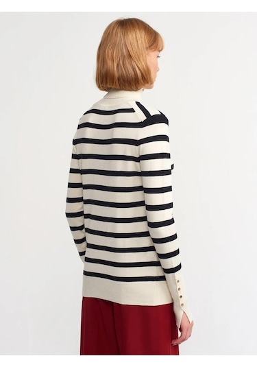 Dilvin Balıkçı Yaka Çizgili Droplu Kazak Krem 001