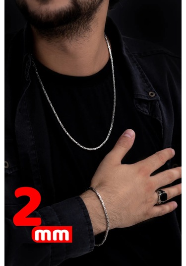 Erkek Gümüş Set - 2mm Kare Kral Model Işıklı Kutuda Sevgiliye