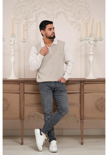 Woolen World Polo Yaka Armürlü Yünlü Erkek Triko Kazak Krem