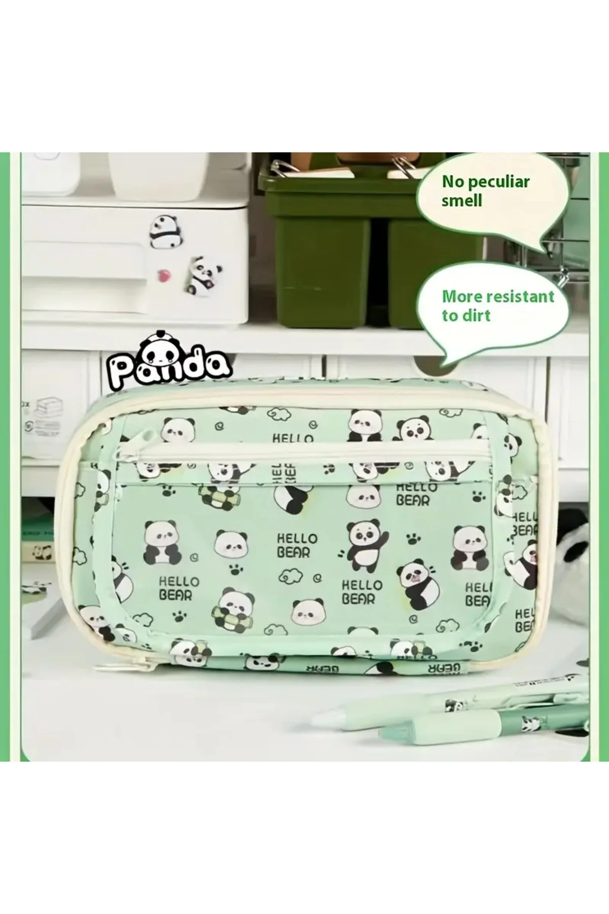 2025 Yeni - Panda Kalem Kutusu Peluş Bir Broş+ Bebek+5 Det Stickers+2 Klip Yeşil