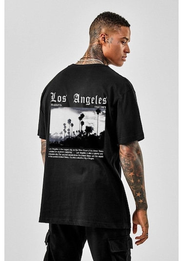 Erkek Siyah Oversize Los Angeles Baskılı T-shirt Siyah-66568