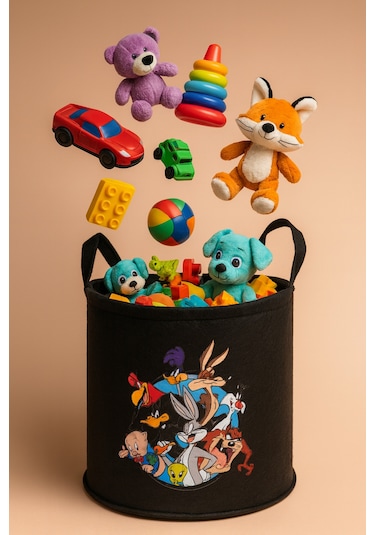 Keçe Oyuncak Sepeti Çizgi Film Desenli, Katlanabilir Kulplu, Çocuk Odası Düzenleyici 38x39 Siyah