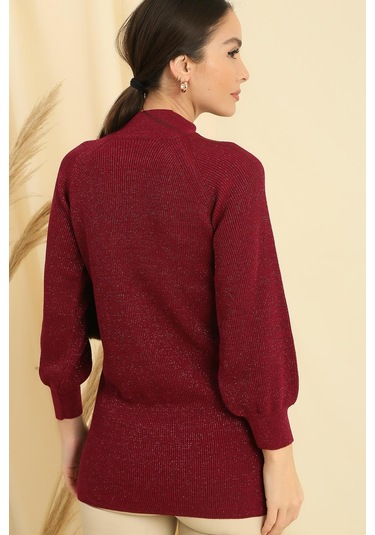 Boyun Dekolteli Saç Örgülü Desen Büyük Beden Spor Tunik Kazak-35200 - Mürdüm