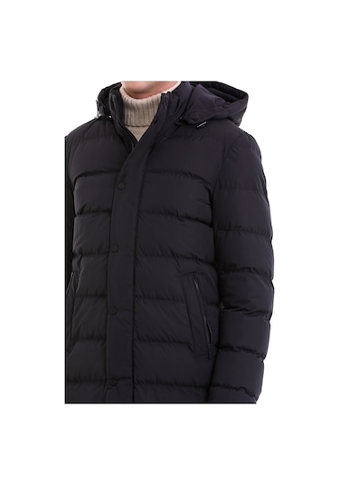 Hatemoğlu Lacivert Slim Fit Hakim Yaka Kapüşonlu Basic Kaban 22232023A008 Lacivert