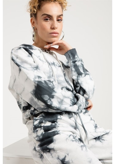 Jahr Marc Batik Yıkamalı Gri Crop Sweatshirt