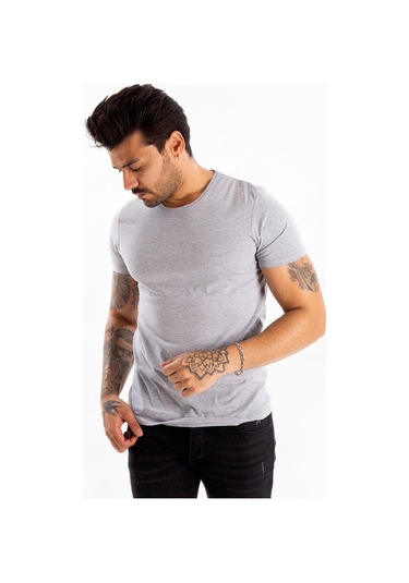 Deepsea Gri Erkek Dar Kesim Basic Tişört 1801131-Gri