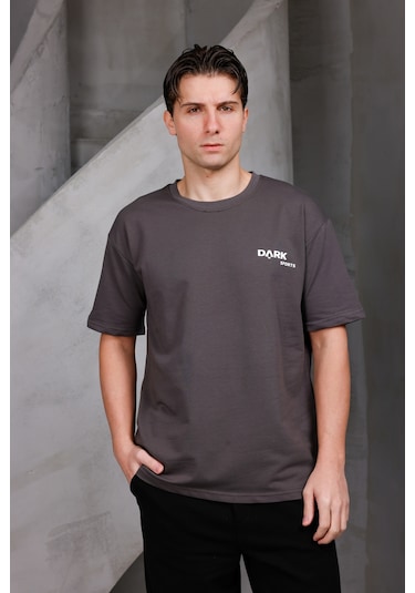 Erkek Baskılı Oversize Bisiklet Yaka 2 İki İplik Kompakt T-shirt Kahverengi