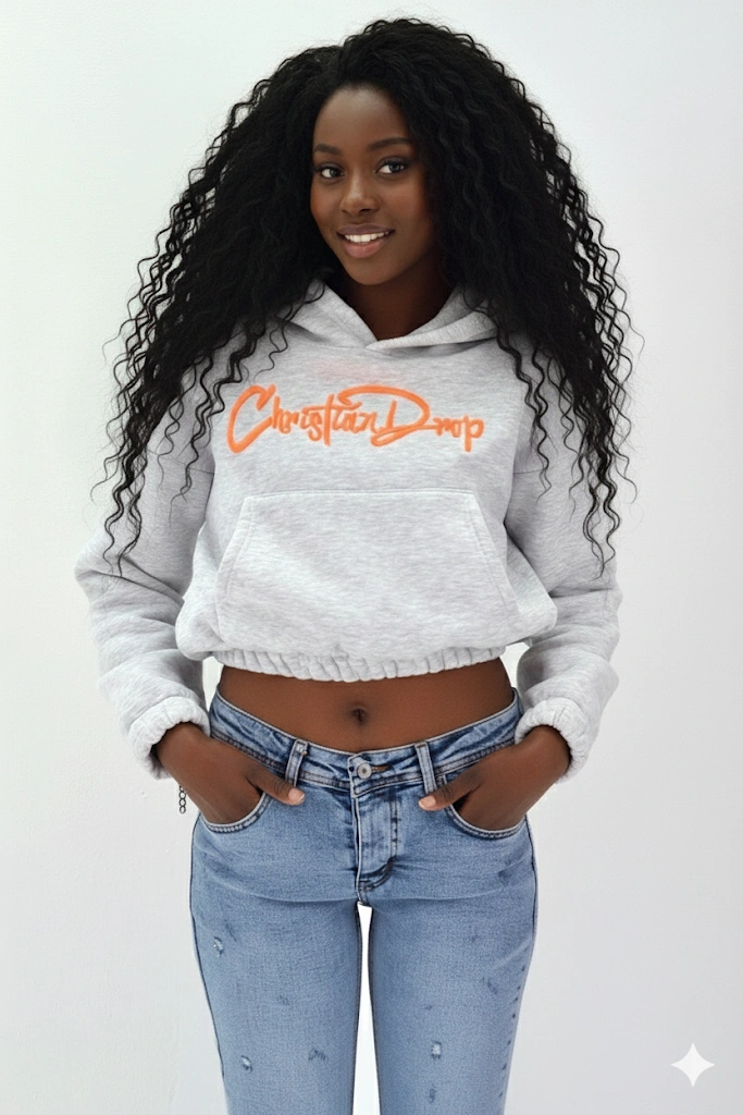 Kadın Neon Christian Drop Yazılı Kapüşonlu Crop Kesim Gri Sweatshirt Nakış İşlemeli Gri