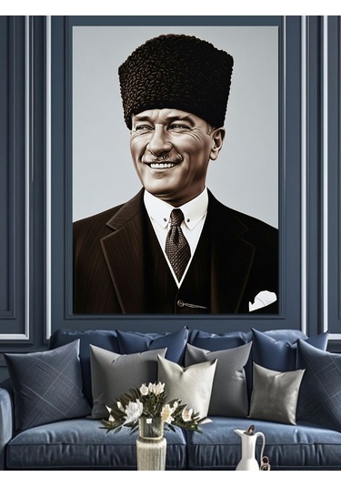 Atatürk Gülümseyen Siyah Beyaz Dekoratif Kanvas - Mdf Ahşap Tablo