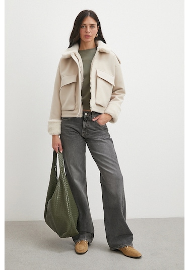 Apoletli Yünlü Körük Cepli Kaşe Mont Bej Bej