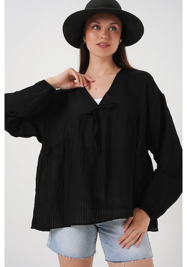 Kadın Önü Bağcıklı Uzun Kol Bluz 946 - Siyah Siyah