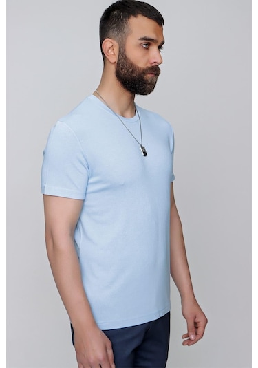 Slim Fit Bisiklet Yaka Düz Pamuklu Mavi Tişört Ts 823 Mavi