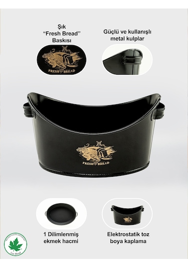 Metal Kayık Ekmeklik, Gondol Ekmeklik, Ekmek Sepeti, Sunumluk Fresh Bread Baskılı - Siyah