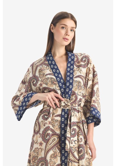 Defacto Regular Fit Kuşaklı Etnik Desenli Pamuklu Kimono-fall İn Love D0456ax25spnv247 Lacivert