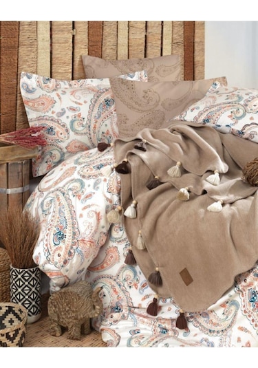 Çift Kişilik Pamuk Battaniyeli Nevresim Takımı Boho Chic Cappucino Kahve Renkli