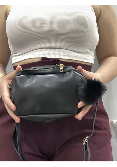 Biçomi Ponpon Siyah Cilt Çanta Siyah