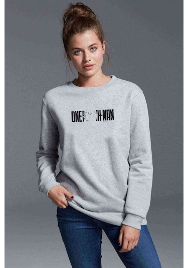One Punch Man Logo Baskılı Gri Kadın Sweatshirt