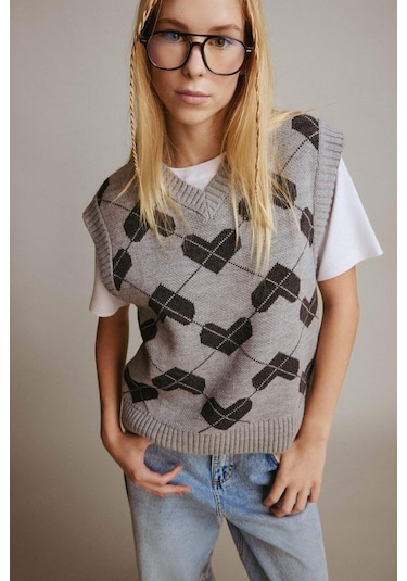 Defacto Coool Regular Fit V Yaka Desenli Süveter F9541ax25augr256 Gri