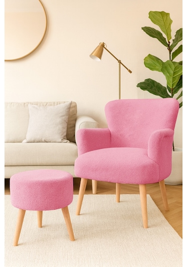 Roma Berjer + Puf Set - Welsoft Yumuşak Kumaş - Ahşap Ayak - Pembe Pembe