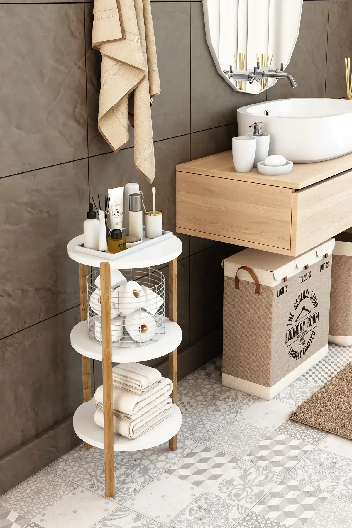 Miray 3 Raflı Yuvarlak Ahşap Sehpa / Çok Amaçlı Kullanım / Yüksek Kalite, Şık Tasarım Beyaz